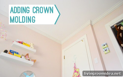 pink bedroom with crown molding and title Adding Crown Molding