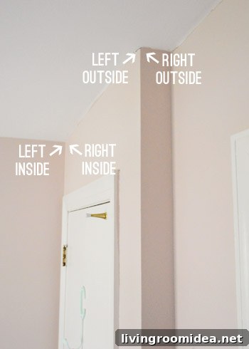 inside versus outside corners marked on ceiling of bedroom wall