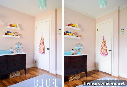 before and after of pink girl's bedroom with and without crown molding on ceiling