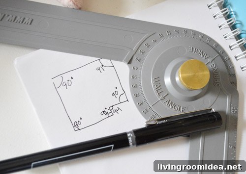 Sketch of bedroom with angle measurements marked