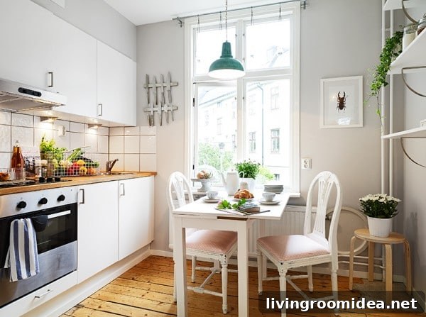 White Kitchen with Green Industrial Pendant Light