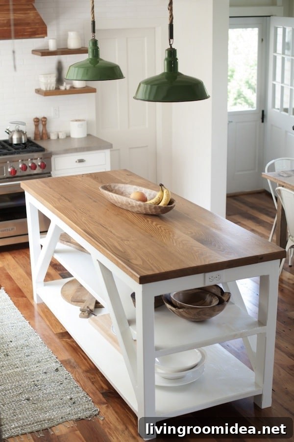 Green Pendant Lights in a White Farmhouse Kitchen