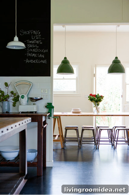 Green Light Fixture and Chalkboard Paint in Kitchen - Simon Whitbread