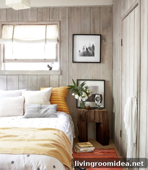 Bedroom With Wood Plank Walls - Thrifty California Cabin