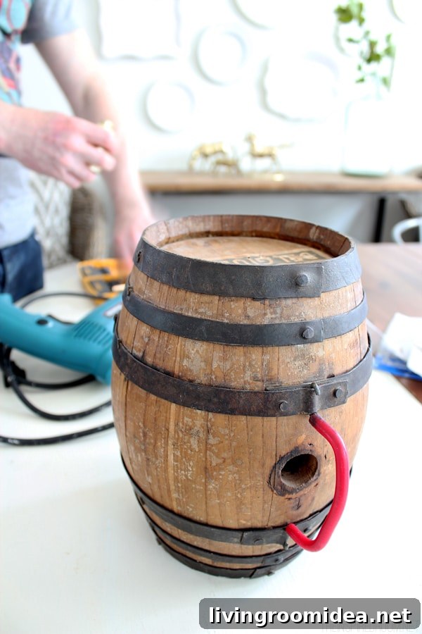DIY Reclaimed Barrel Lamp with Wire Cage Lampshade 4 DIY Wine Barrel Lamp - The Inspired Room