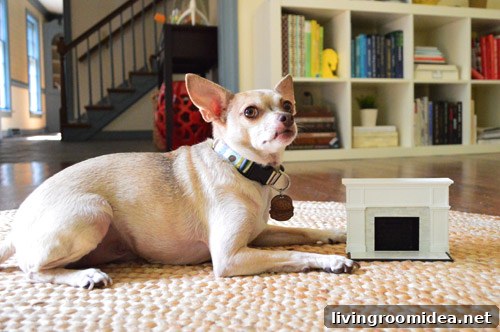 Dog inspecting miniature fireplace