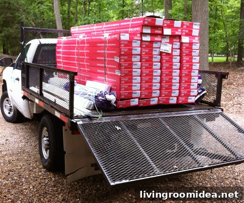 Truck loaded with flooring boxes