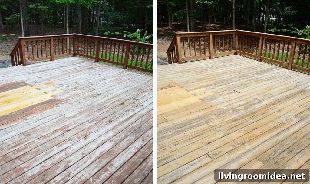 How to Strip a Deck for Staining: Step-by-Step Guide 2 Side by Side of old wood deck before and after stain was stripped