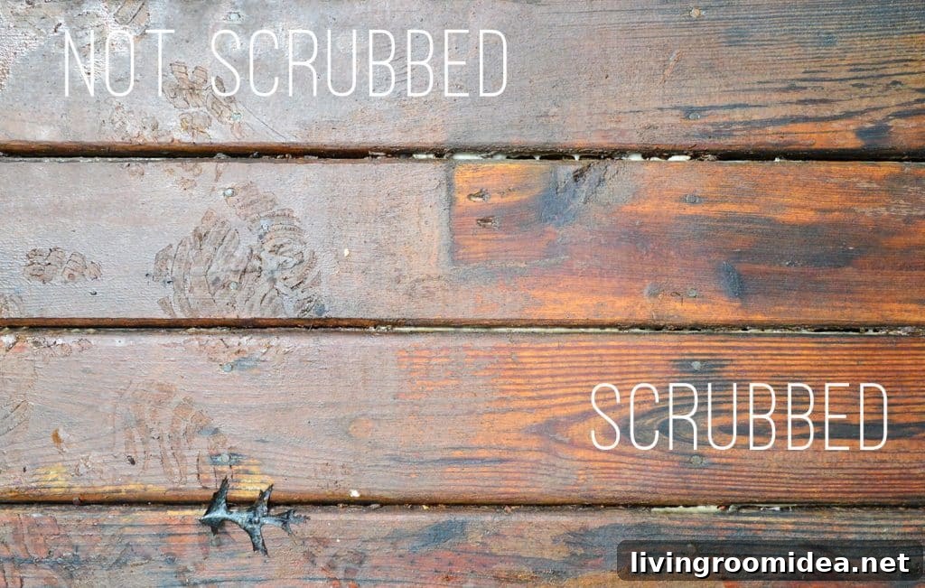 How to Strip a Deck for Staining: Step-by-Step Guide 12 Close up on scrubbed area of deck with finish removed