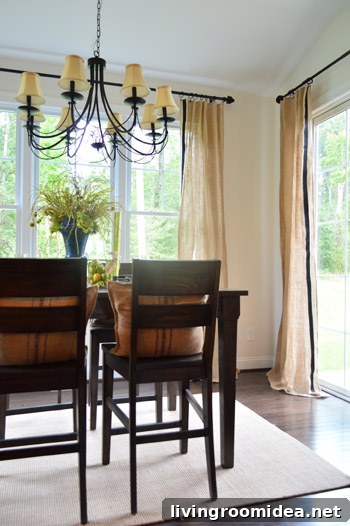 Breakfast nook with burlap curtains