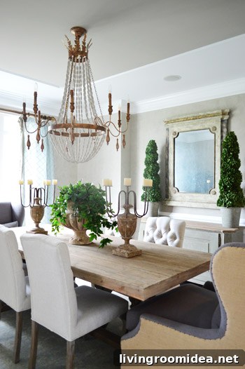 Dining room with beaded chandelier