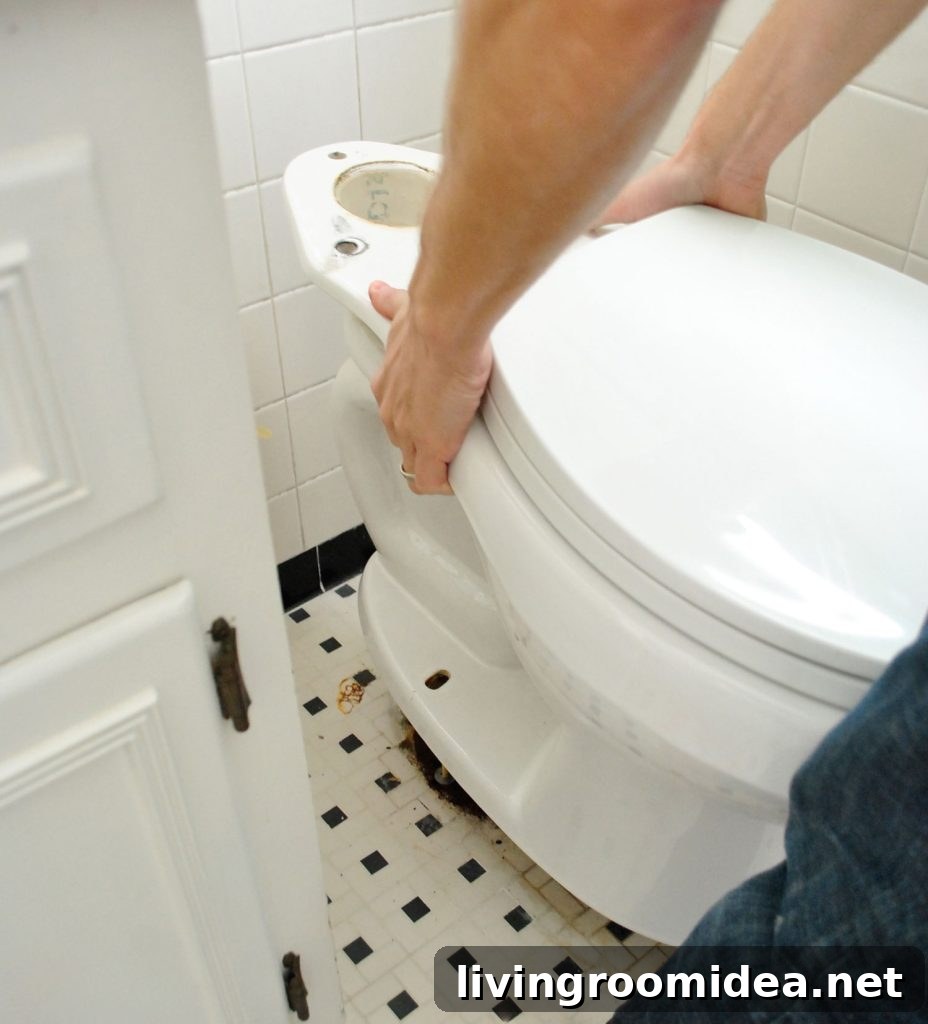 John Placing New Toilet Bowl Onto Ground