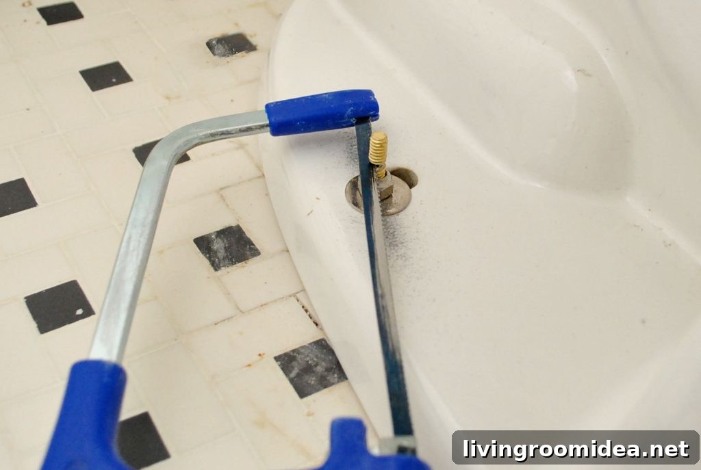 Hacksaw Removing Excess Bolt Length On New Toilet