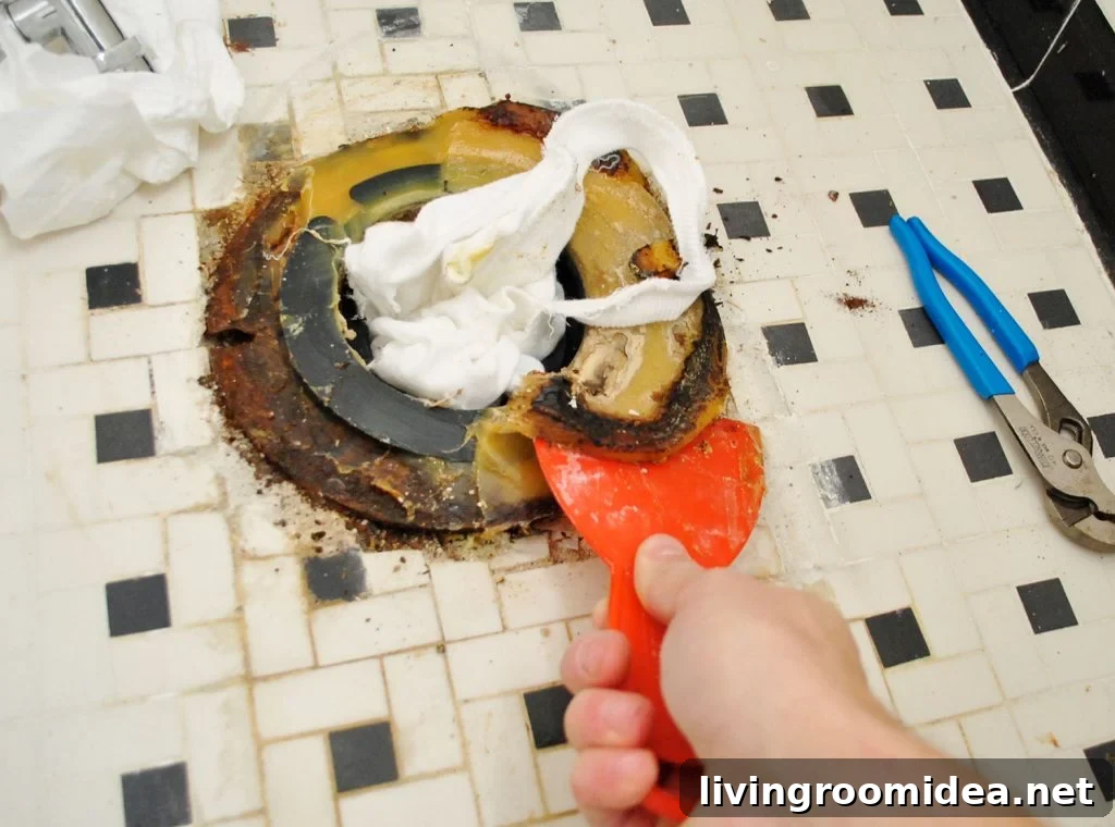 Scraping Old Wax Ring From Bathroom Floor During Toilet Installation