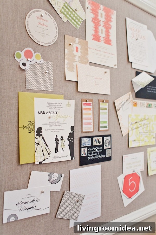 Pretty Linen Bulletin Board with Cards and Invitations