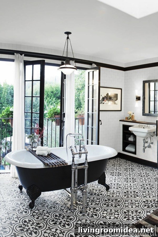 Black and White Bathroom with Patterned Graphic Tile Floor
