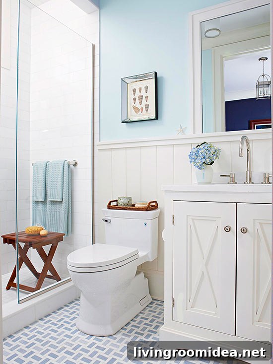 Blue Patterned Tile Floor in a Coastal Bathroom