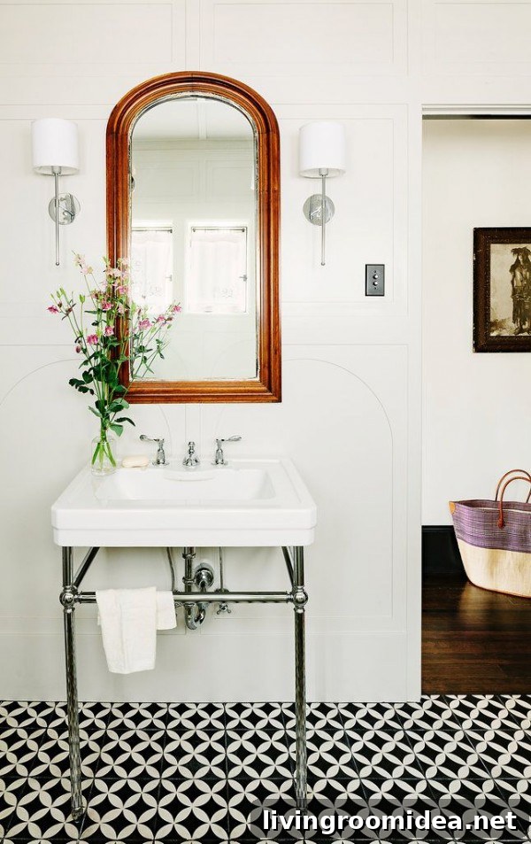 White Bathroom with Graphic Tile Floors
