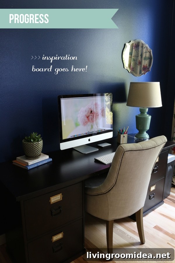 Home Office Makeover: Progress Update and Design Ideas 5 The Inspired Room Navy Office Progress Desk