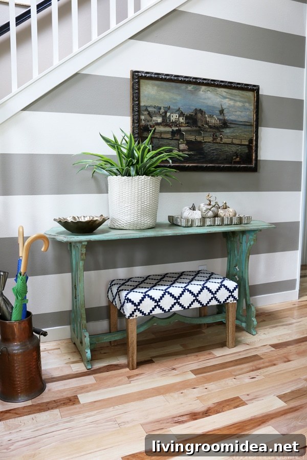 Striped Gray and White Entry Wall - The Inspired Room