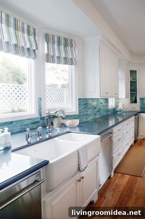 Turquoise Kitchen with Striped Roman Shades