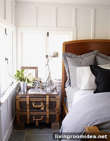 black white striped bedding trunk sidetables