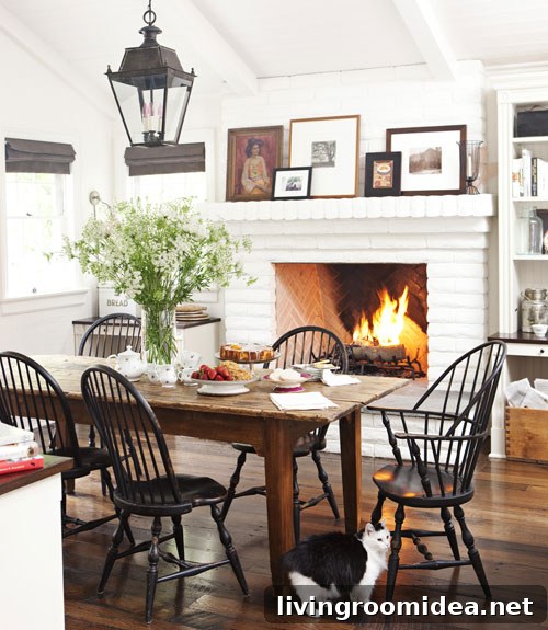 7 Charming Dining Room Ideas to Inspire Your Home Remodeling 3 Cozy Dining Room with White Brick Fireplace - Lantern - Black Windsor Chairs