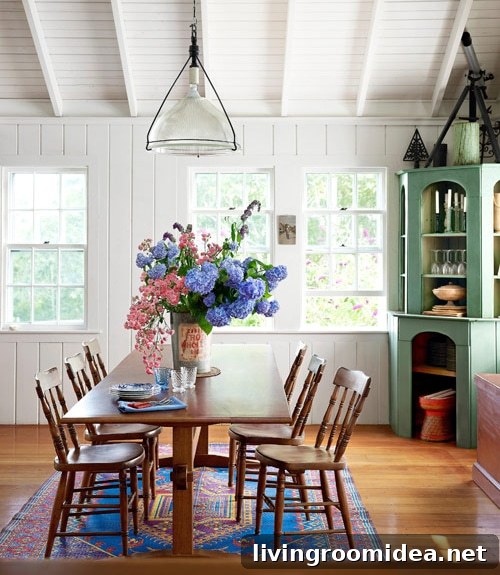 Cottage Dining Room with White Paneled Ceiling