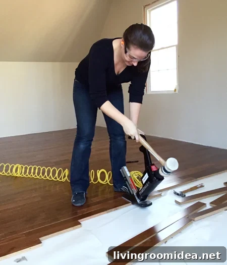 install hardwood flooring sherry using power nailer