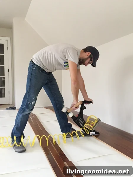 install hardwood flooring using rented floor nailer