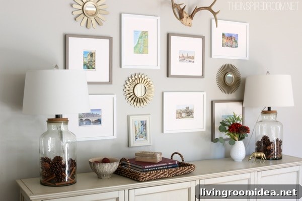Fall decorating ideas - console table and pinecone jar lamps