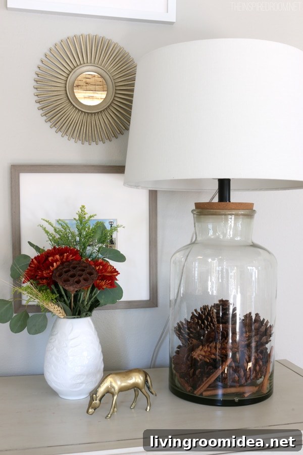 Autumn Home Tour: Cozy Fall Decor Ideas — Part 2 5 Seasonally Filled Jar Lamp - Fall Pinecones