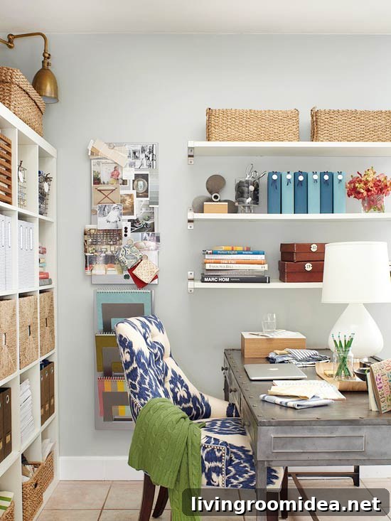 Organizing with Baskets in the Office - Baskets on Shelves