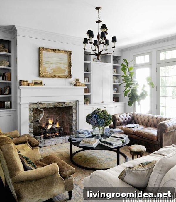 Leather Sofa in a White Living Room