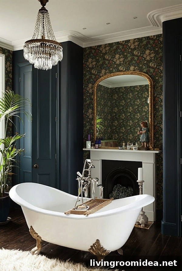 Gold and White Clawfoot Tub in Navy and Green Wallpapered Bathroom