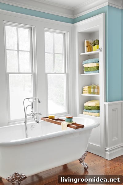 White Clawfoot Tub in Blue and White Bathroom - Built in Storage