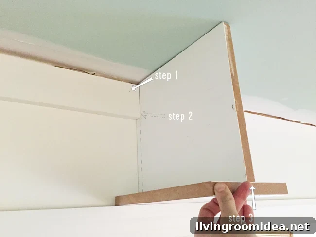 Attaching header piece to secure bookshelf across doorway