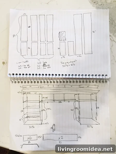 Sketch of DIY built-in bookshelves in notebook