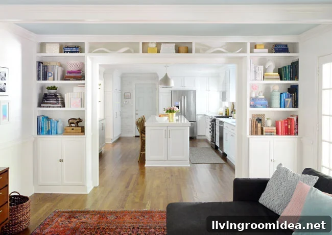 living room-built-in bookshelves-around doorway