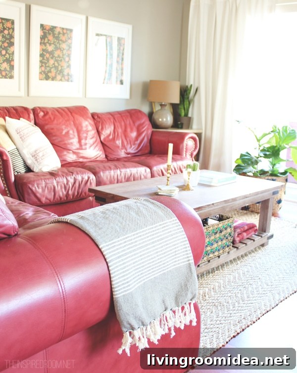 Living room red couches