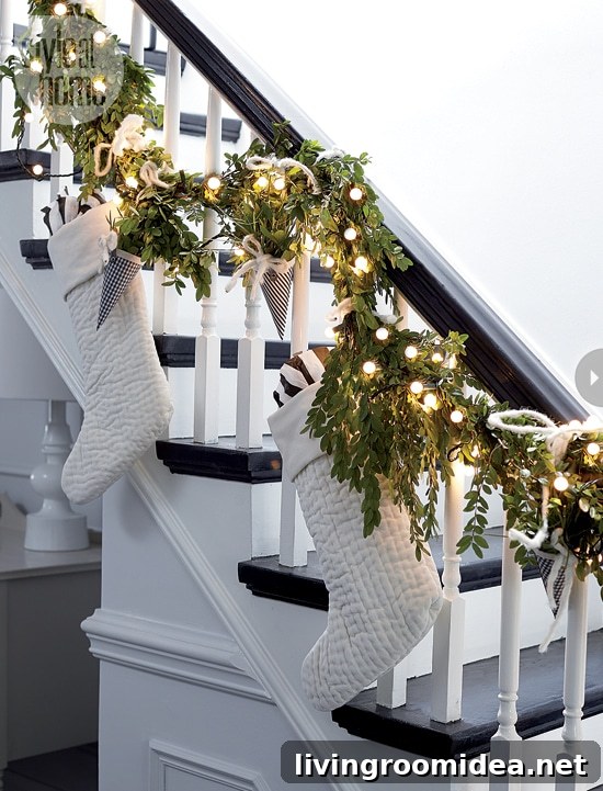 Simple Staircase Christmas Decorating Idea - Stockings and Garland