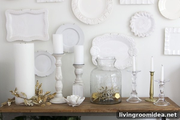 White and gold Christmas console decorating - The Inspired Room House Tour
