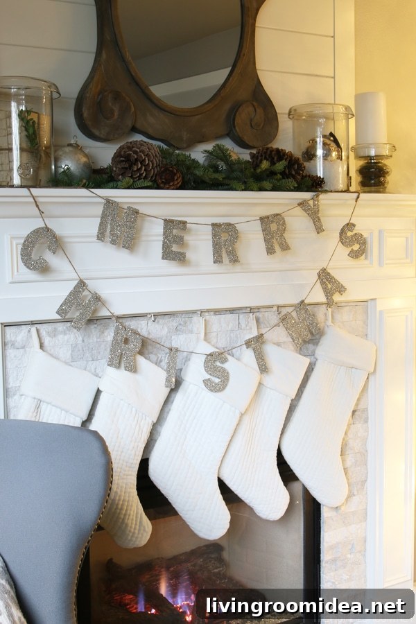 Pottery Barn Merry Christmas Glitter Garland - The Inspired Room Mantel