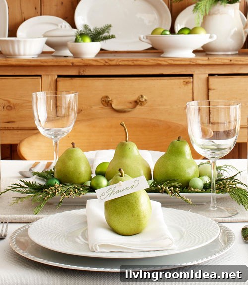 Pear Name Cards and Centerpiece - Green Christmas Decorating - Michael Partenio