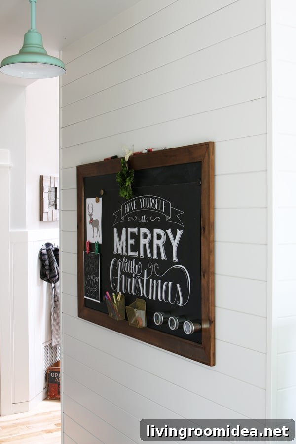 Christmas Home Tour: Festive Decorating Ideas Part 1 28 White Paneled Hallway and Barnlight - Framed Wood Chalkboard - The Inspired Room Christmas House Tour