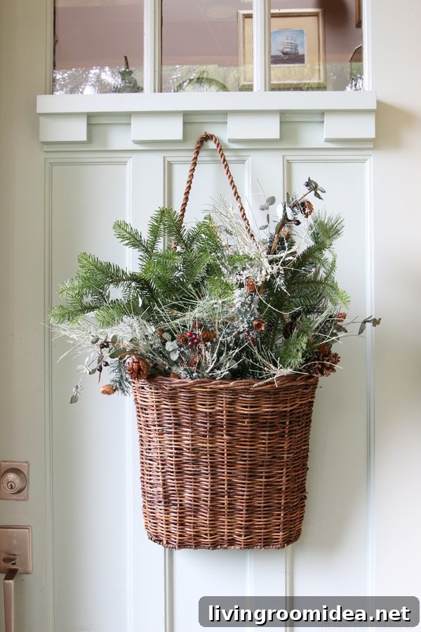 Christmas Home Tour: Festive Decorating Ideas Part 1 5 Christmas outdoor decorating - hanging basket on the door with greenery -The Inspired Room House Tour