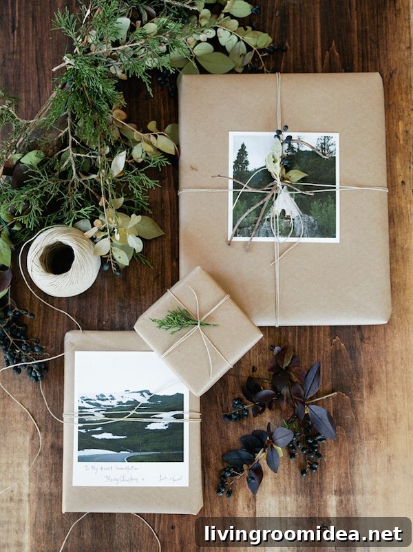 Pretty Gift Wrap Ideas for Stylish Presents 3 Simple Gift Wrap Idea - Brown Kraft Paper with Photograph Twine and Greenery - Photo by Fawn Deviney for Artifact Uprising