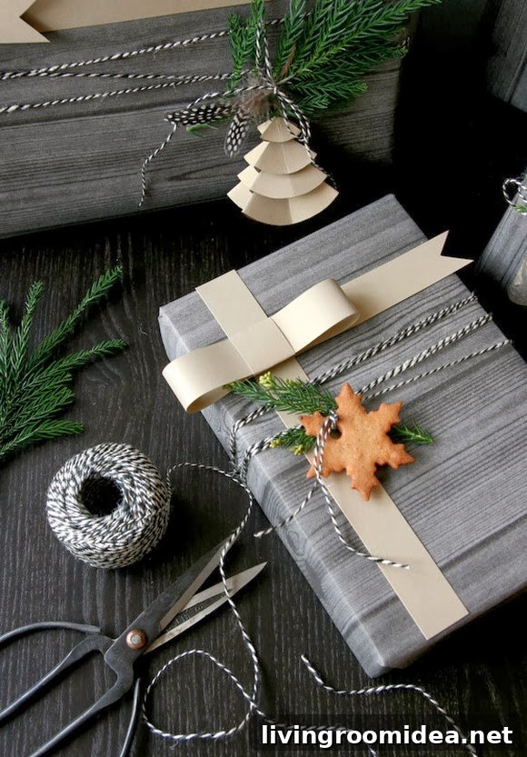 Pretty Gift Wrap Ideas for Stylish Presents 6 Pretty Neutral Gift Wrap - Spruce Sprig Bakers Twine Wood Grain Paper and Gingerbread Cookie - by Eye of Details