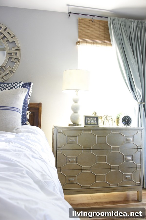 White Navy and Gold Bedroom Decorating - The Inspired Room