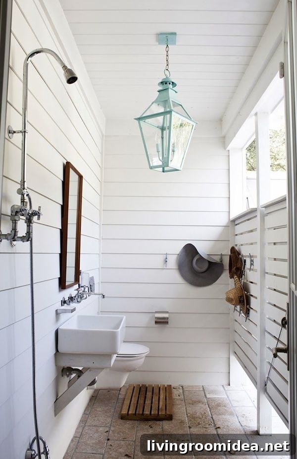White Paneled Outdoor Shower - Turquoise Lantern - Outdoor Lighting - by Jen Langston interiors
